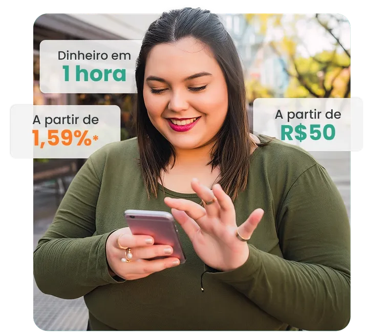Mulher sorridente usando smartphone ao ar livre, promovendo opções de empréstimo FGTS com taxas a partir de 1,59% e valores mínimos de R$50