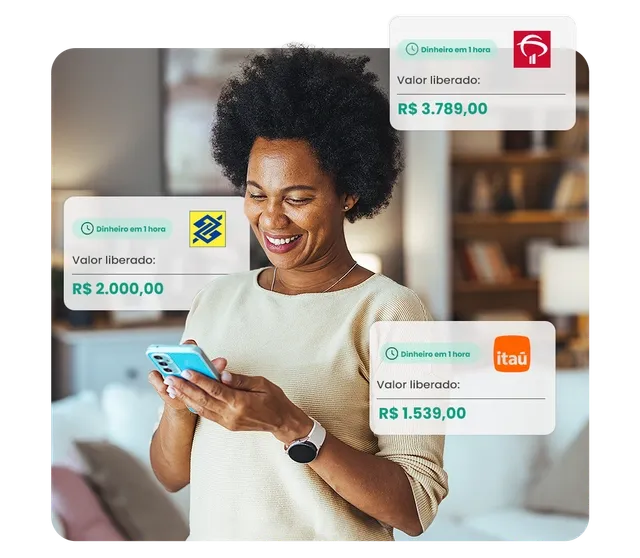 Mulher feliz usando celular com ofertas de empréstimo FGTS, incluindo valores liberados de diferentes bancos como Banco do Brasil, Itaú e Bradesco